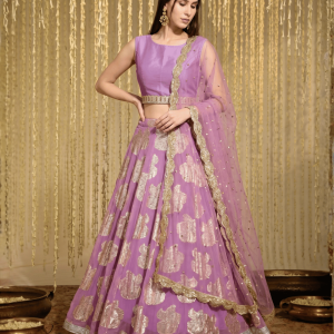 Women's Lavender Choli, Woven Georgette Lehenga, Net Dupatta set
