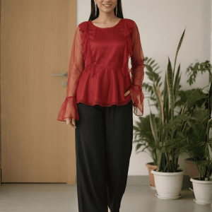 Women's Net Party Long Ruffle Sleeves Top in Maroon