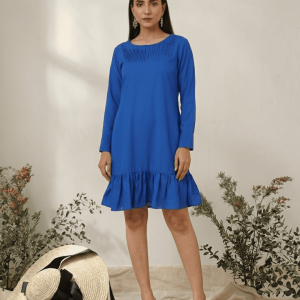 Unforgettable Cobalt Blue Women’s Pin Tucks Georgette Midi Casual Dress