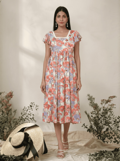 Women's Rayon Floral Dress With Ruffles At Yoke And Sleeves