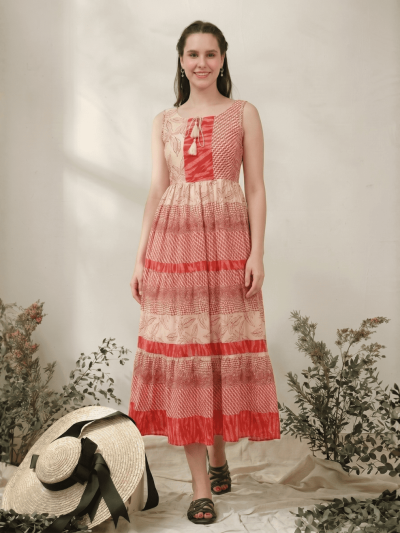 Women's Red And Cream Gather Dress In Cambric