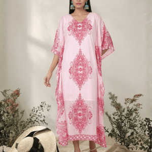 Women's Baby Pink Printed Long Kaftan In Georgette Brasso Self Fabric With Inner