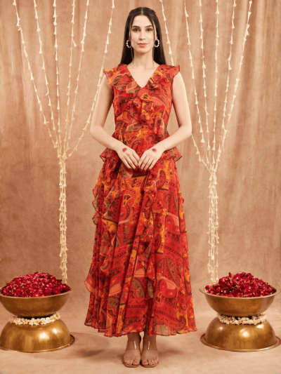 Women's Red base Chiffon multicolor print Ruffle Dress