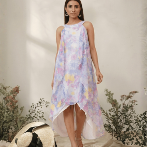 Women's Halter Neck Ruffle Drape Floral Printed Georgette Dress In Multicolor