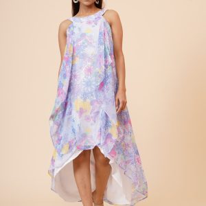 Women's Halter Neck Ruffle Drape Floral Printed Georgette Dress In Multicolor