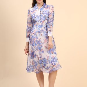Women's Printed White Chiffon Casual Midi Dress