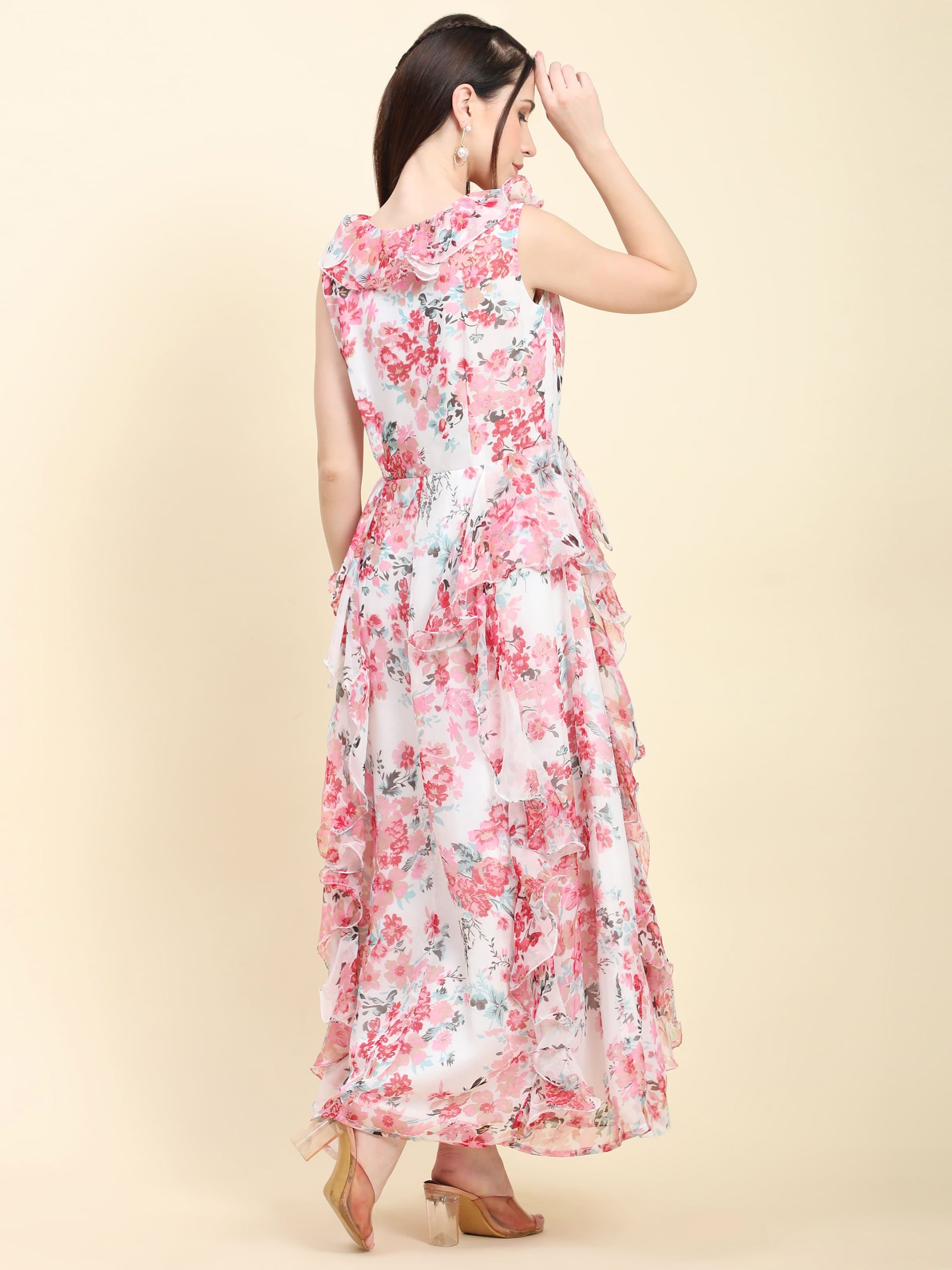 Women's Chiffon white base Floral print Ruffle Dress - Image 4