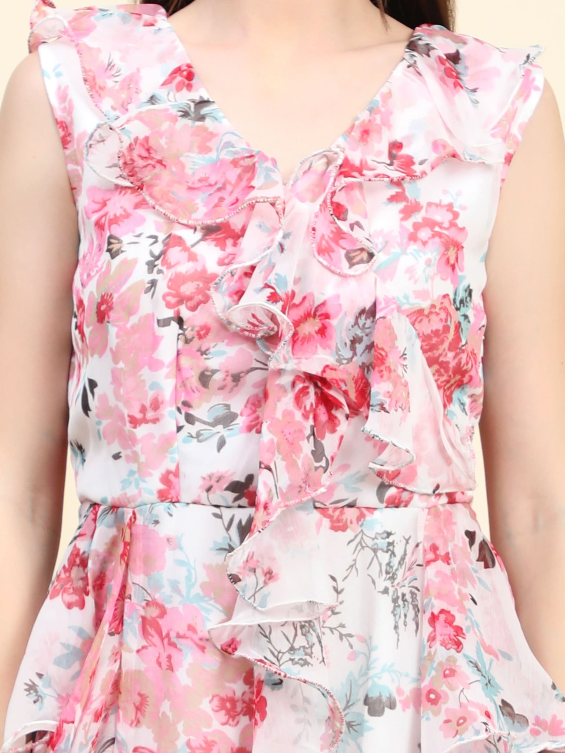 Women's Chiffon white base Floral print Ruffle Dress - Image 5
