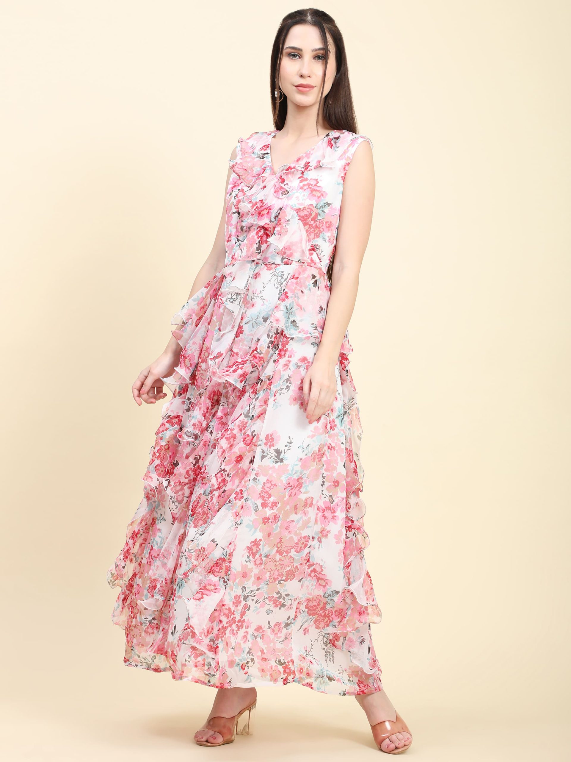 Women's Chiffon white base Floral print Ruffle Dress - Image 2