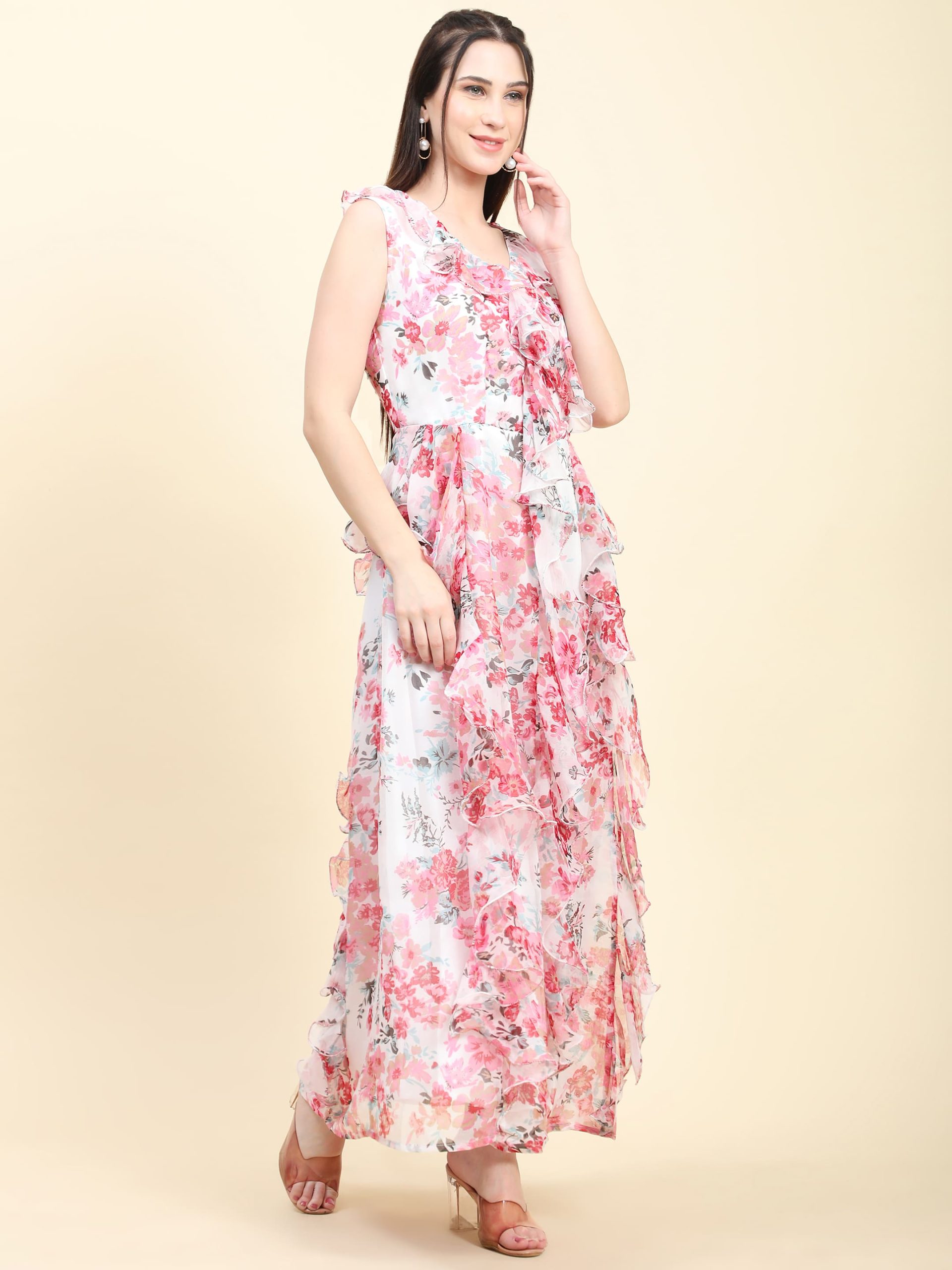 Women's Chiffon white base Floral print Ruffle Dress - Image 3