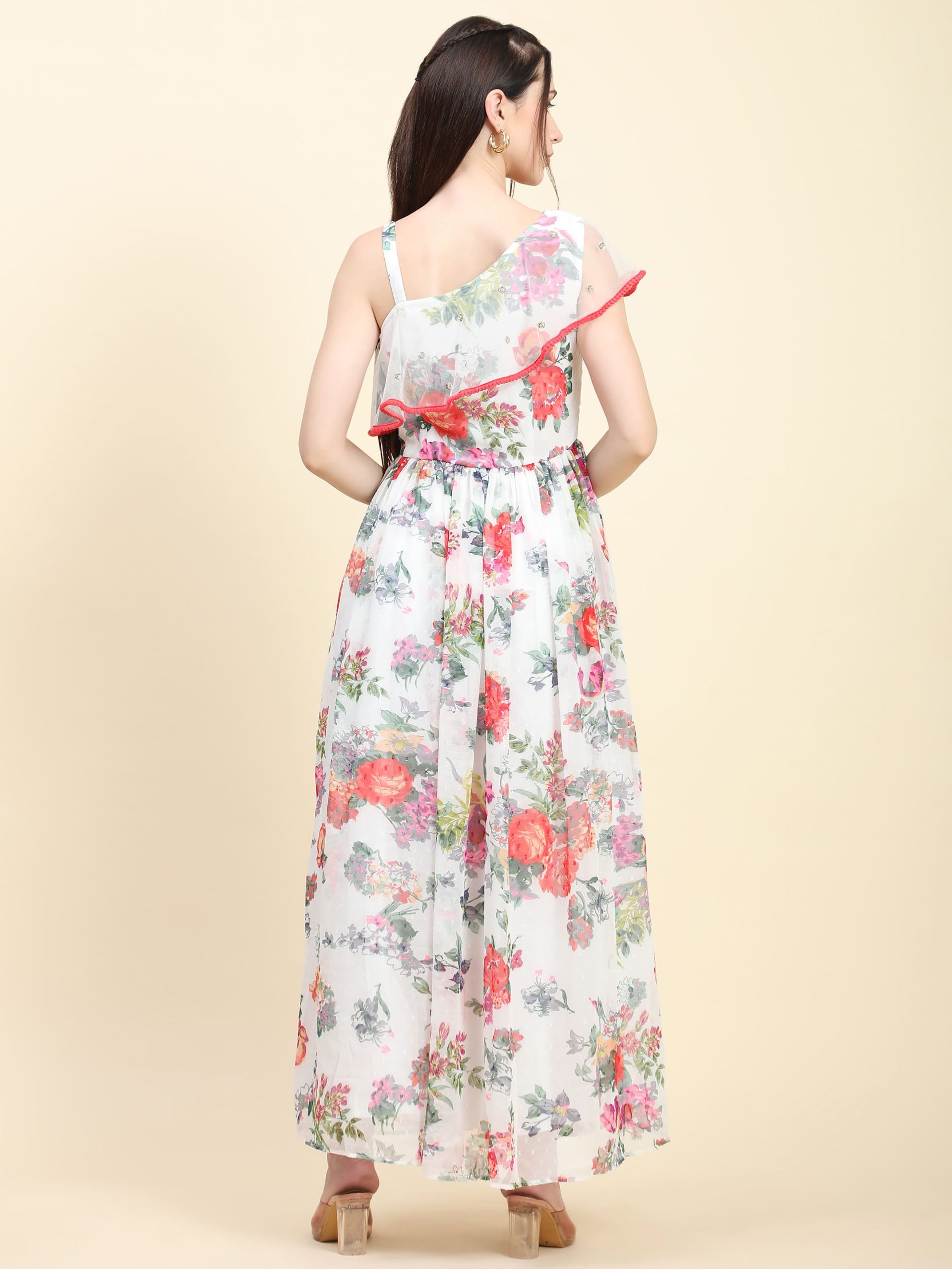 Women's One Shoulder Floral Printed Georgette Dress White base - Image 4