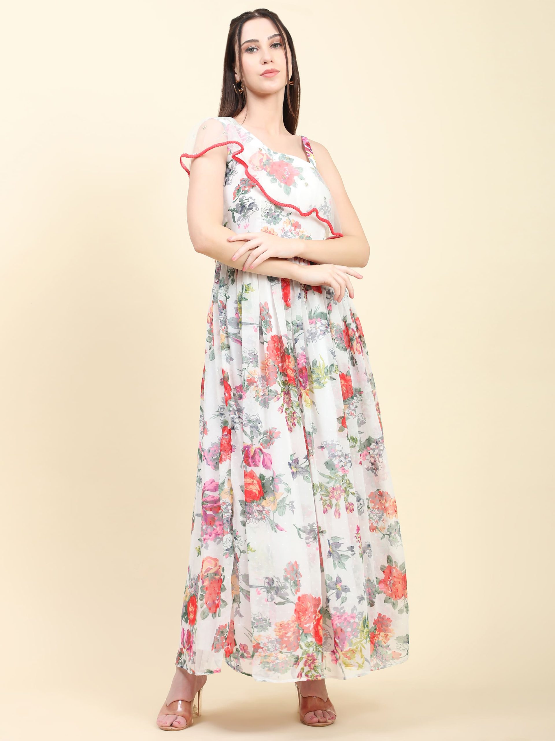 Women's One Shoulder Floral Printed Georgette Dress White base - Image 2