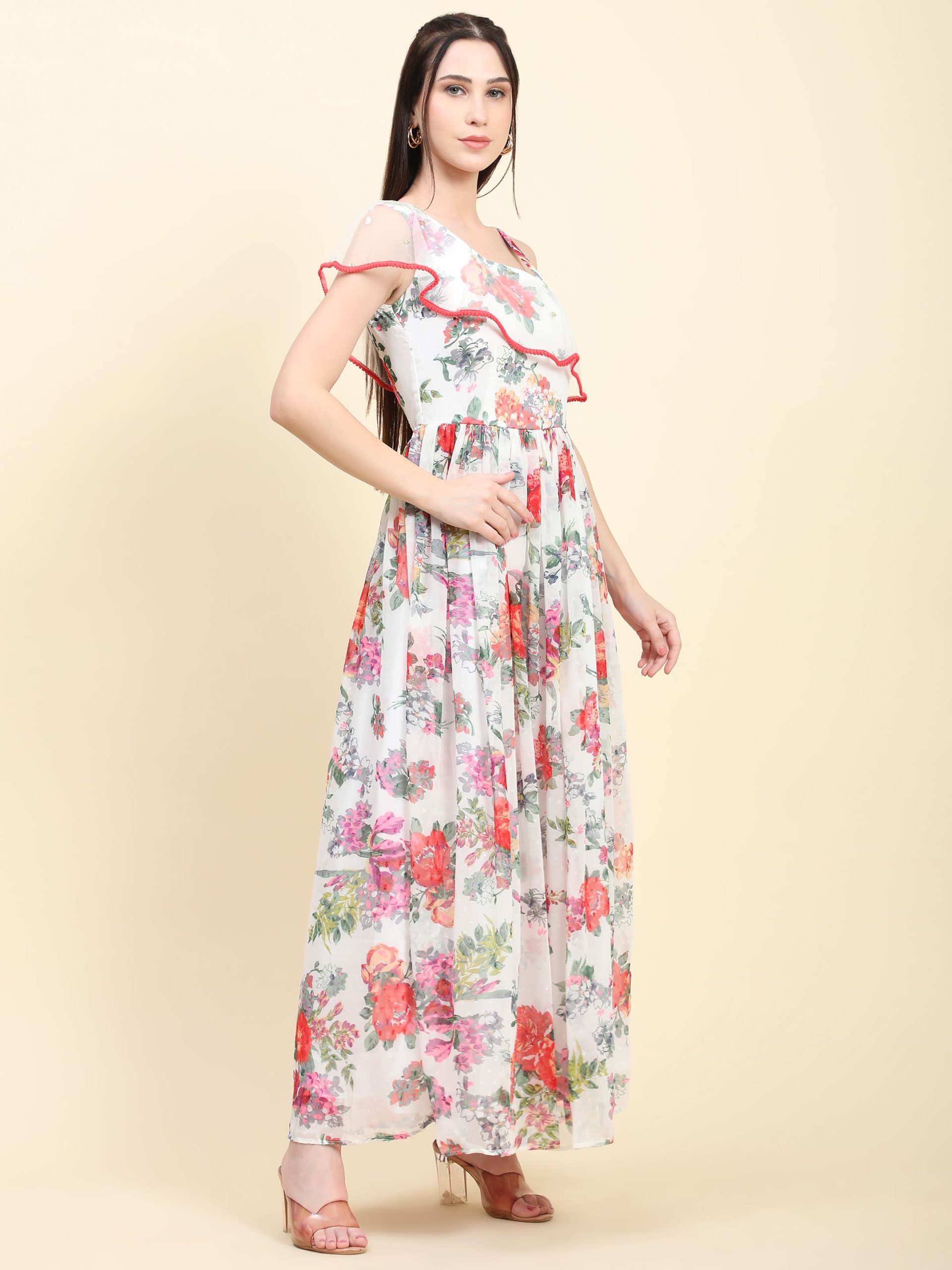 Women's One Shoulder Floral Printed Georgette Dress White base - Image 3