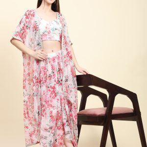 White Floral print Cape Blouse and Dhoti drape skirt set