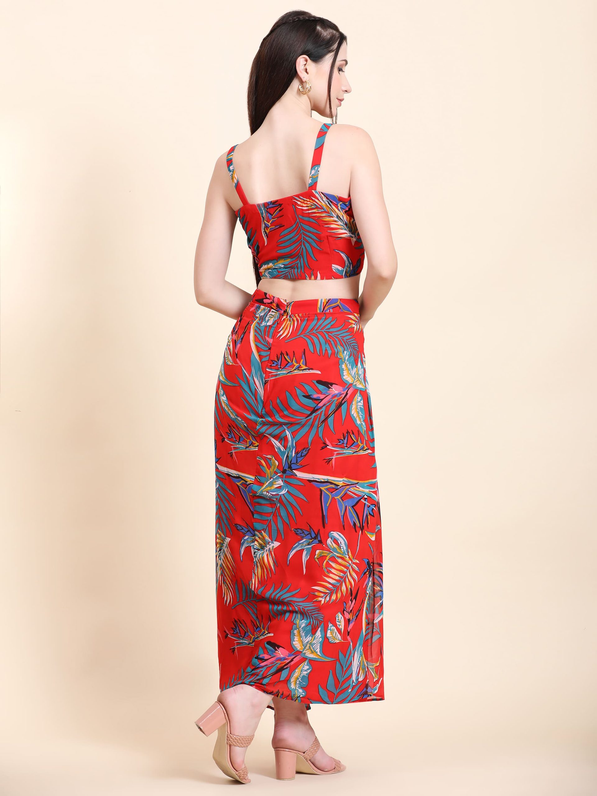 Women's Red base Leaf print Georgette Blouse, Cape, Dhoti drape Skirt set - Image 5