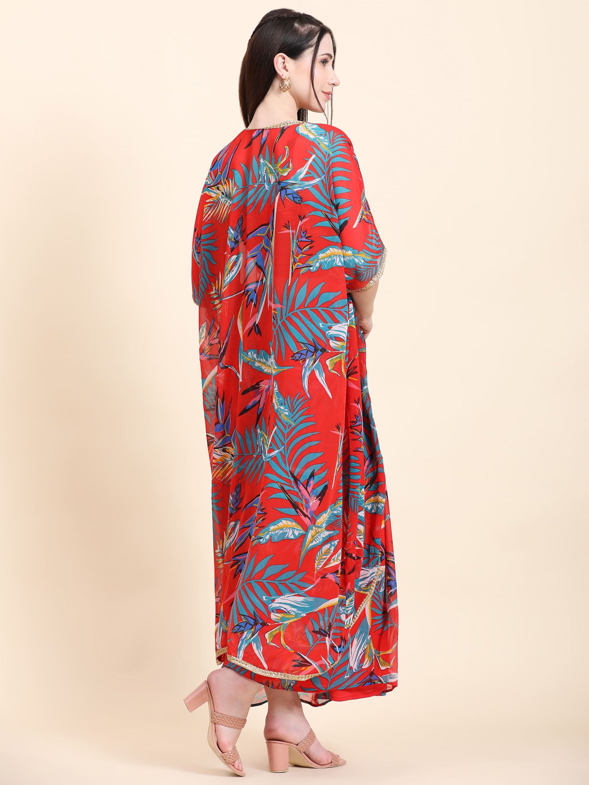 Women's Red base Leaf print Georgette Blouse, Cape, Dhoti drape Skirt set - Image 4