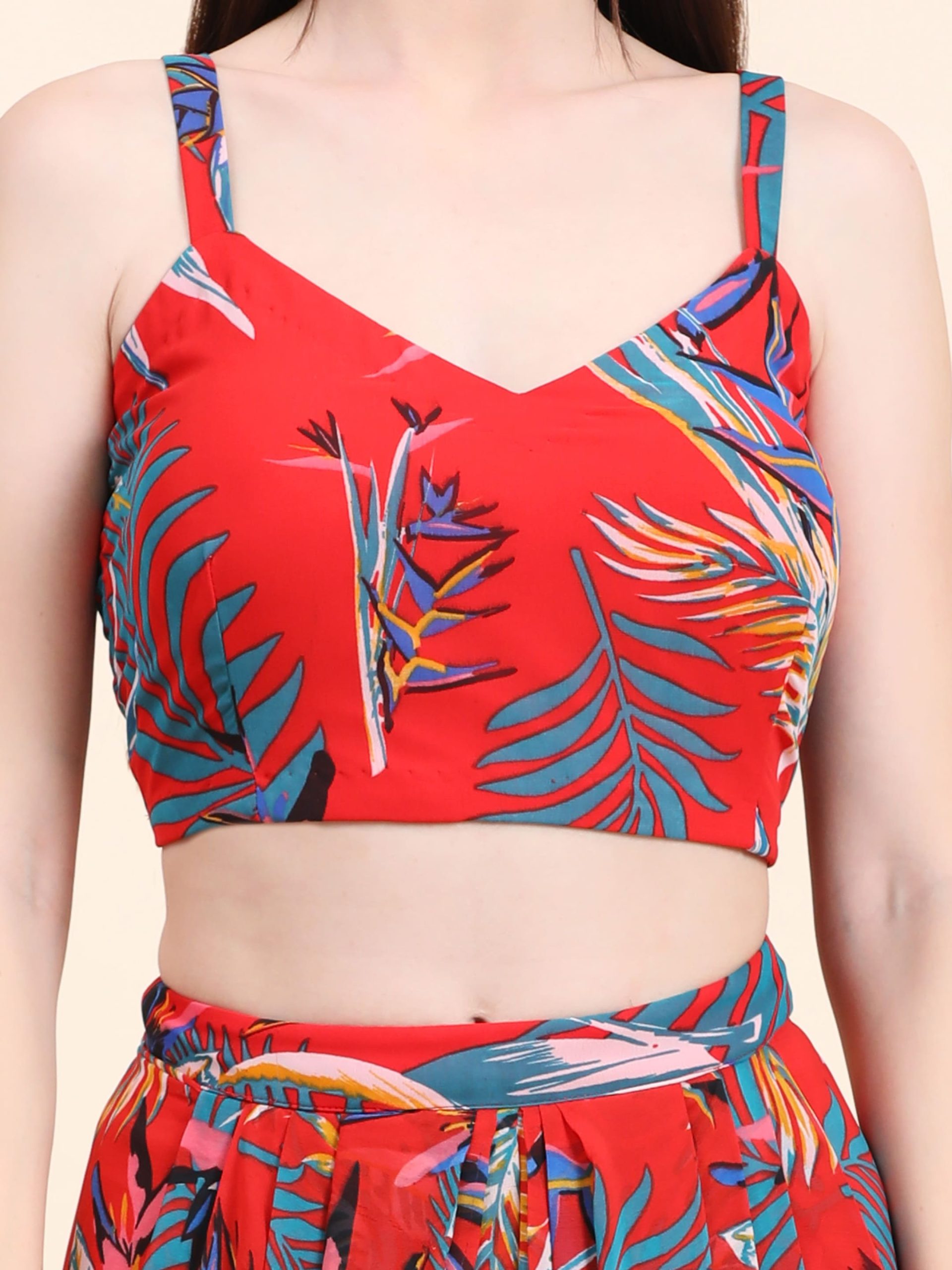 Women's Red base Leaf print Georgette Blouse, Cape, Dhoti drape Skirt set - Image 6