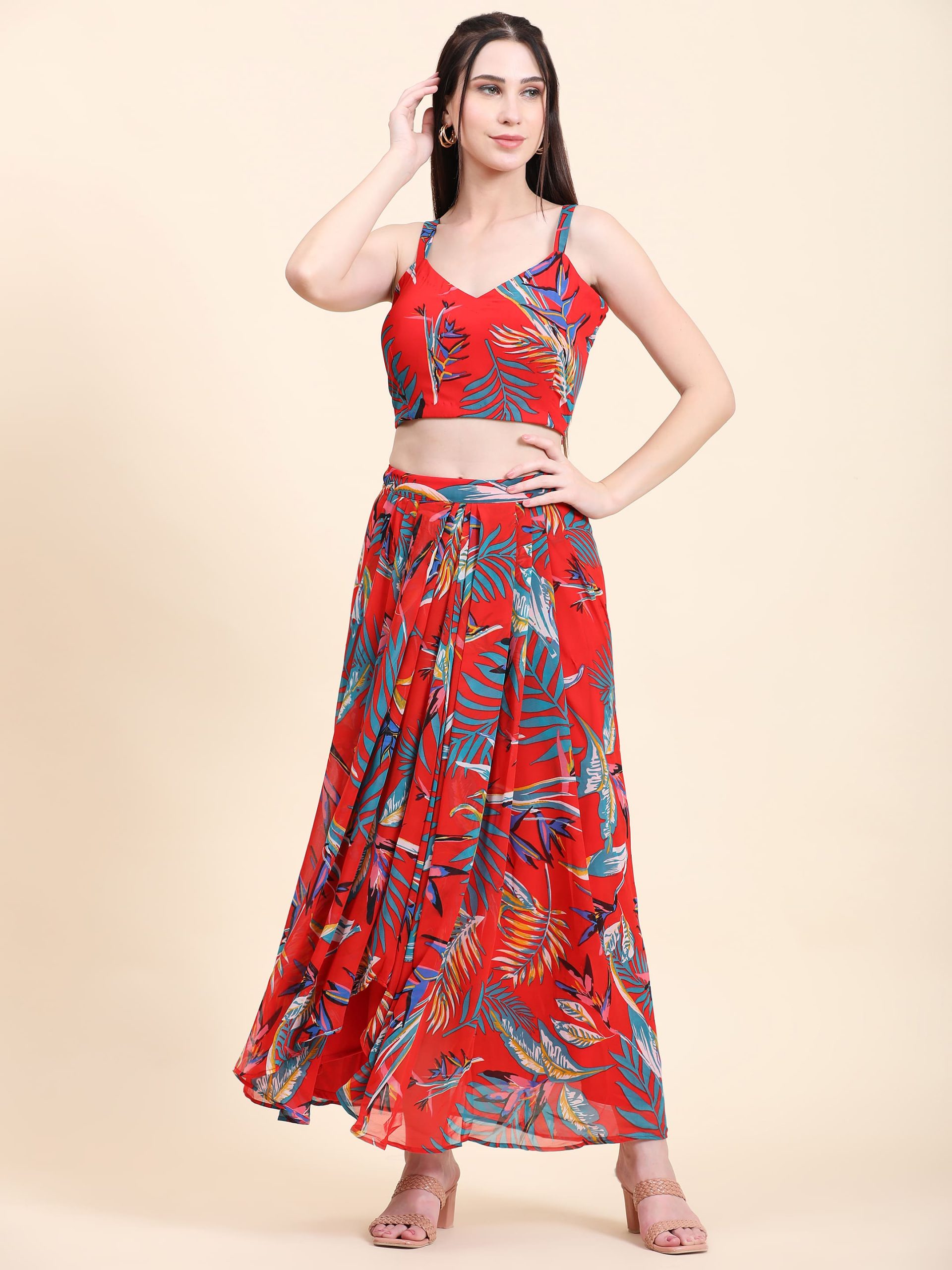 Women's Red base Leaf print Georgette Blouse, Cape, Dhoti drape Skirt set - Image 3