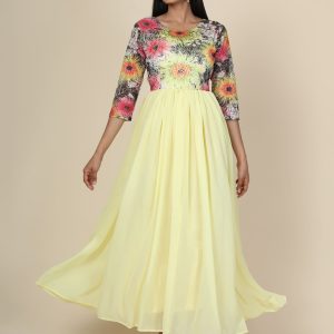 Lemon Georgette Gown with Sunflower Print Yoke
