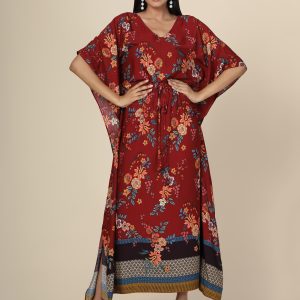 Maroon Floral Print Rayon Long Kaftan