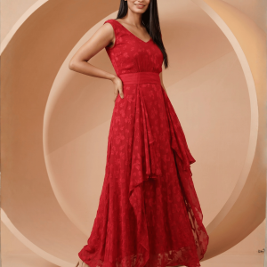 Red floral self-design georgette drape dress: The Pinnacle of Feminine Grace