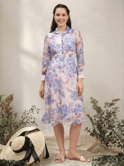 Elevate Your Style with the Women's Printed White Chiffon Casual Midi Dress