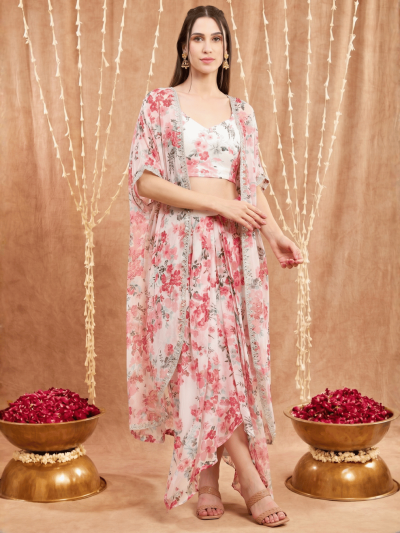 Women's White base Pink Floral print Chiffon Blouse, Cape, Dhoti drape Skirt set