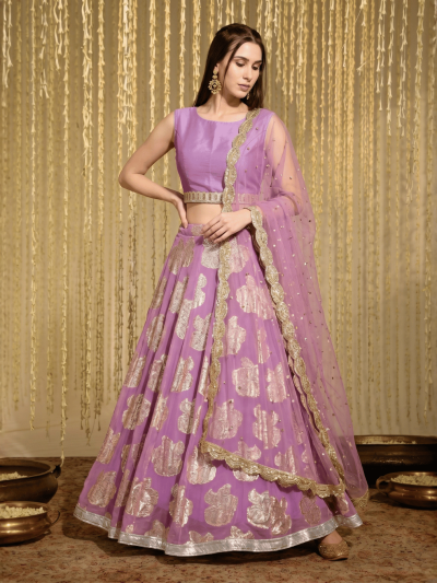 Women's Lavender Choli, Woven Georgette Lehenga, Net Dupatta set