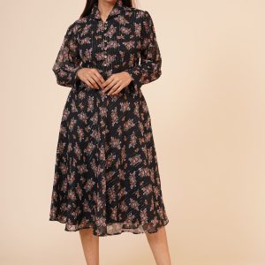Printed Black Chiffon Casual Midi Dress