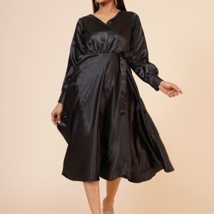 Black Empire Line Satin Wrap Dress
