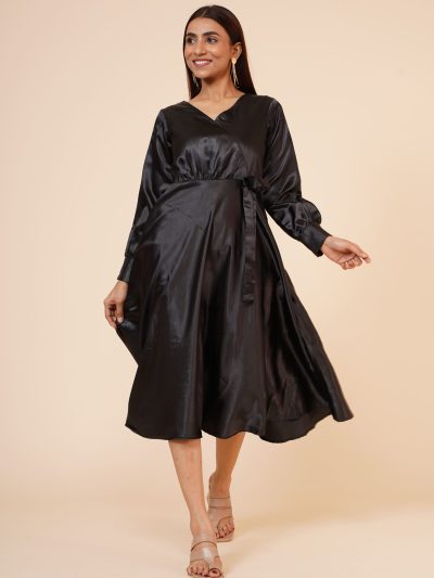 Black Empire Line Satin Wrap Dress