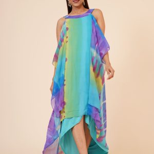 Multicolor Printed Halter Neck Ruffle Drape Dress