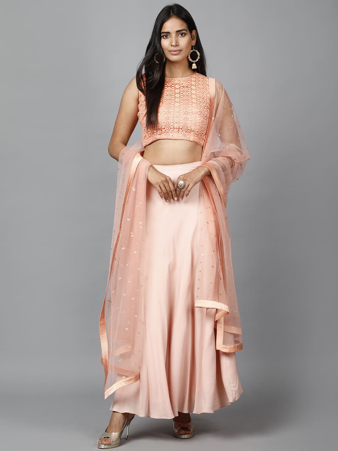 Ethereal Women's Peach Cotton Lace Crop Top, Moss Crepe Flare Skirt with Embroidered Net Dupatta - Image 2