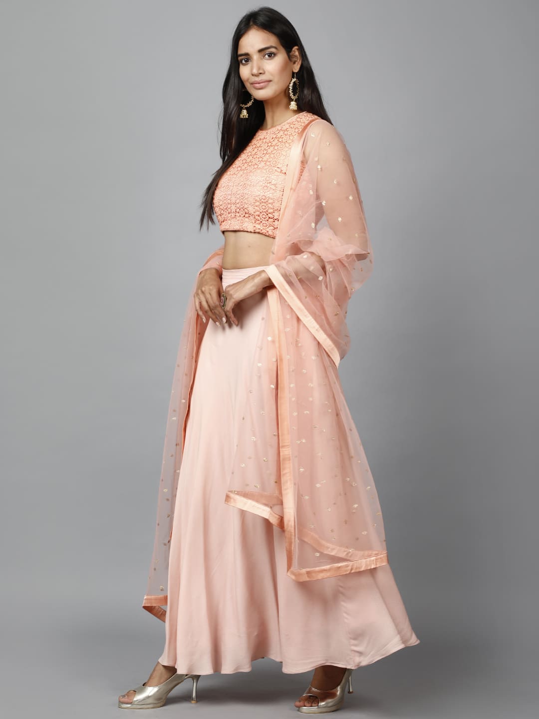 Ethereal Women's Peach Cotton Lace Crop Top, Moss Crepe Flare Skirt with Embroidered Net Dupatta - Image 4