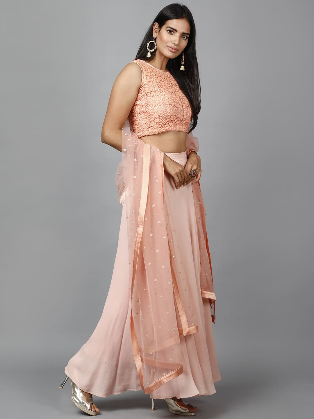 Ethereal Women's Peach Cotton Lace Crop Top, Moss Crepe Flare Skirt with Embroidered Net Dupatta - Image 5