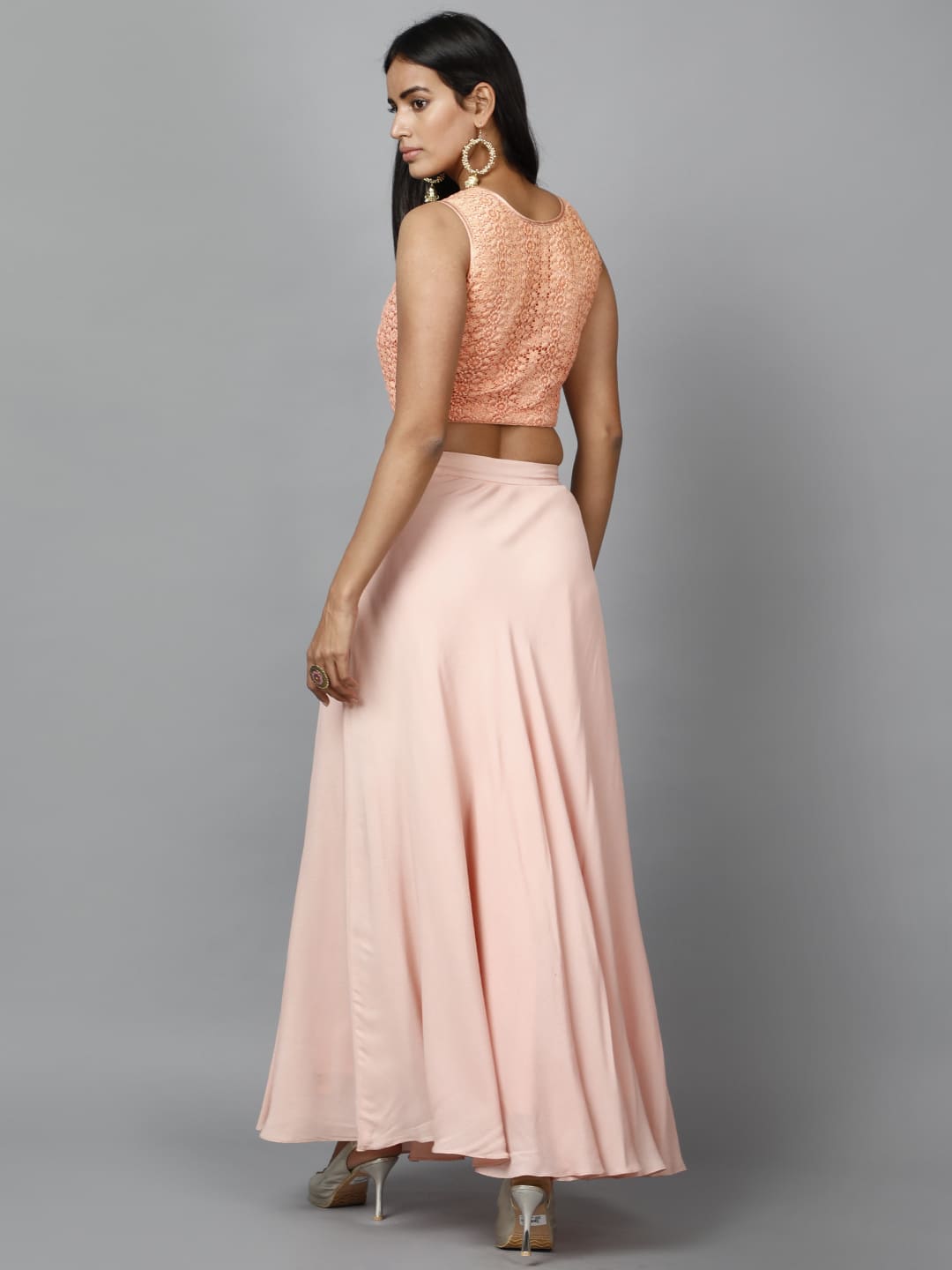 Ethereal Women's Peach Cotton Lace Crop Top, Moss Crepe Flare Skirt with Embroidered Net Dupatta - Image 3