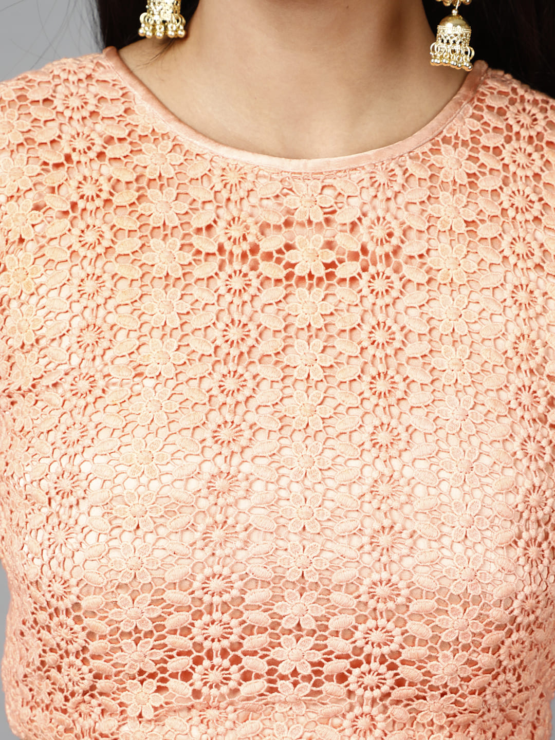 Ethereal Women's Peach Cotton Lace Crop Top, Moss Crepe Flare Skirt with Embroidered Net Dupatta - Image 6