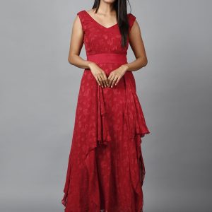 Red floral self-design georgette drape dress