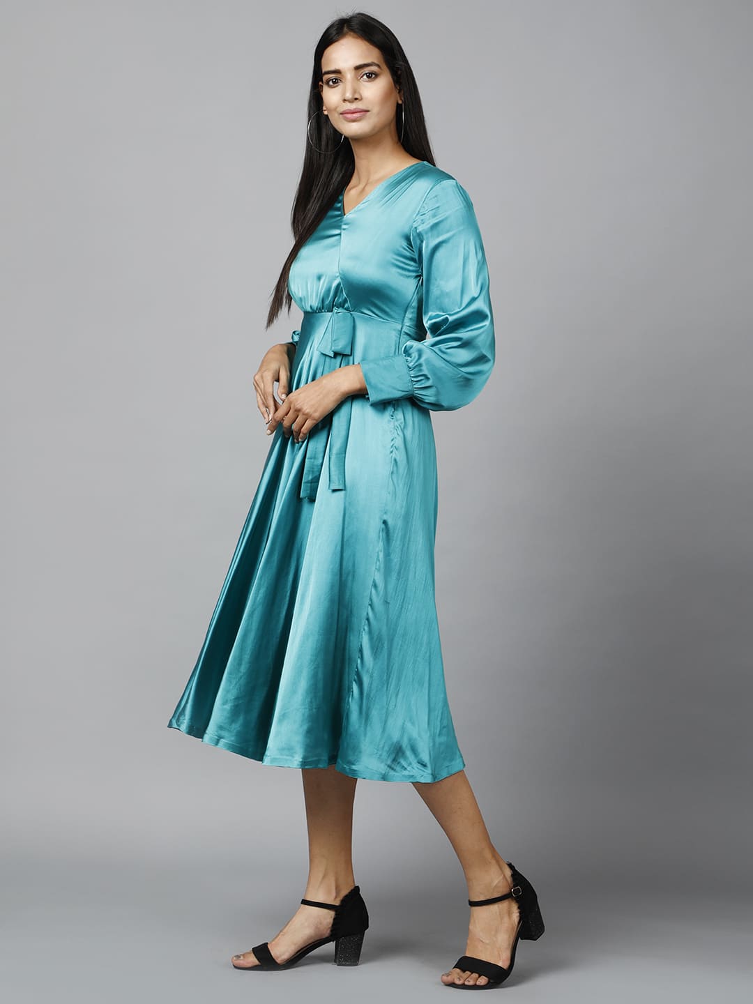 Women's Empire Line With Cuff Satin Wrap Dress Green - Image 3