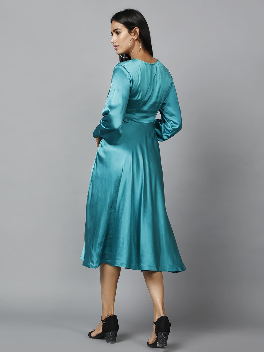 Women's Empire Line With Cuff Satin Wrap Dress Green - Image 4