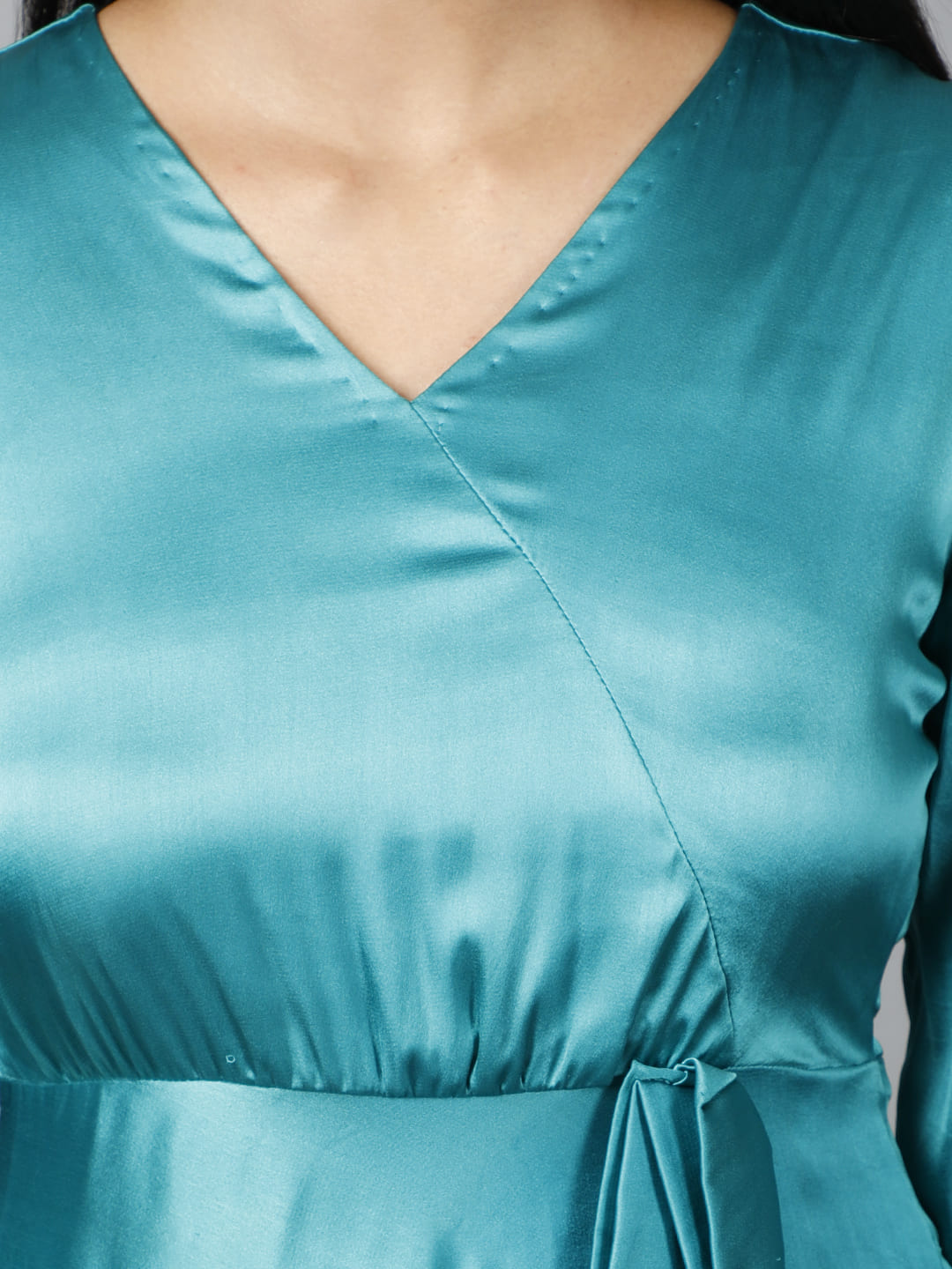 Women's Empire Line With Cuff Satin Wrap Dress Green - Image 5