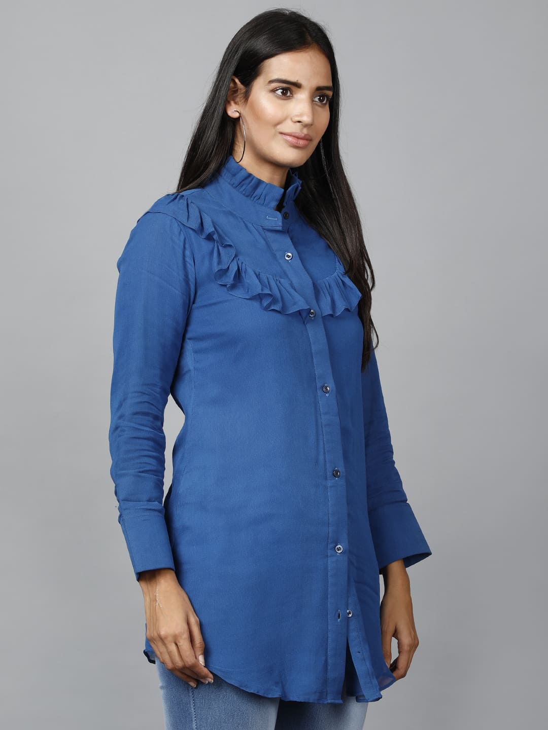 Women's Blue Shirt With Ruffle Yoke And Cuff - Image 2