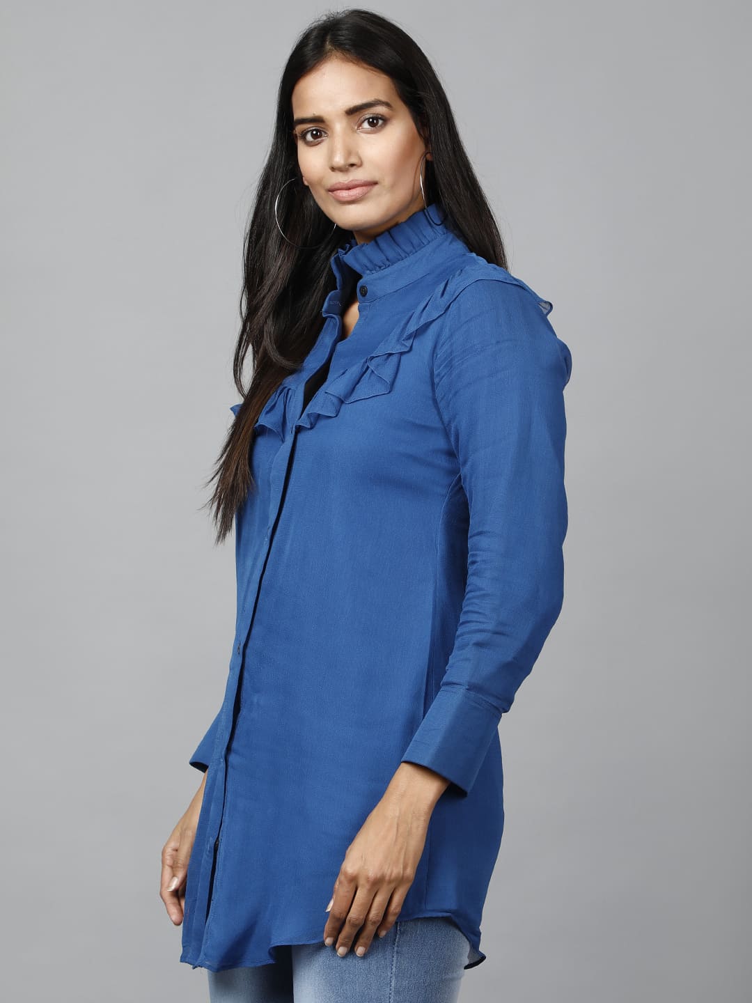 Women's Blue Shirt With Ruffle Yoke And Cuff - Image 3