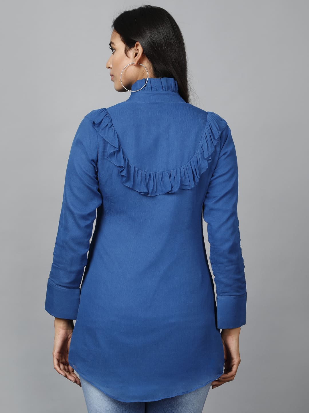 Women's Blue Shirt With Ruffle Yoke And Cuff - Image 4