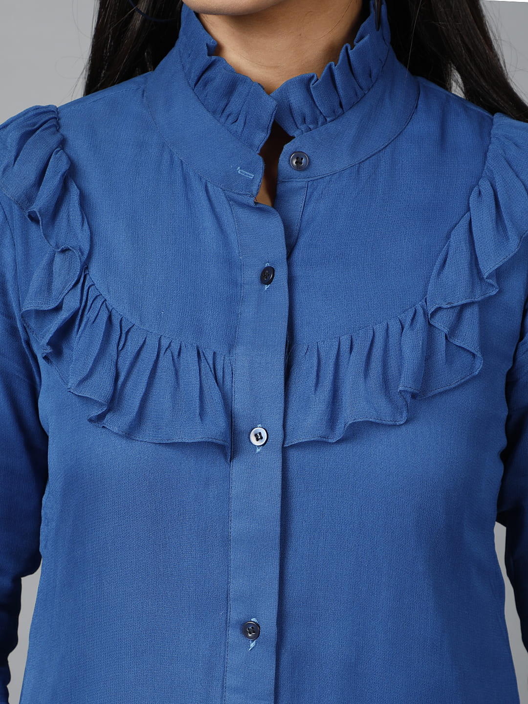Women's Blue Shirt With Ruffle Yoke And Cuff - Image 5