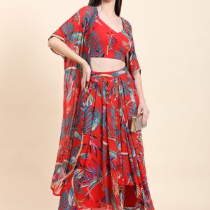 Women's Red base Leaf print Georgette Blouse, Cape, Dhoti drape Skirt set