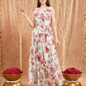 Women's White base Floral print Georgette Ruffle Dress