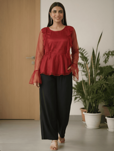 Women's Net Party Long Ruffle Sleeves Top in Maroon