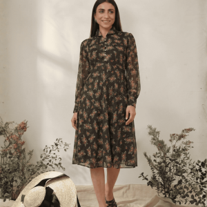 Printed Black Chiffon Casual Midi Dress: The Ultimate Wardrobe Essential