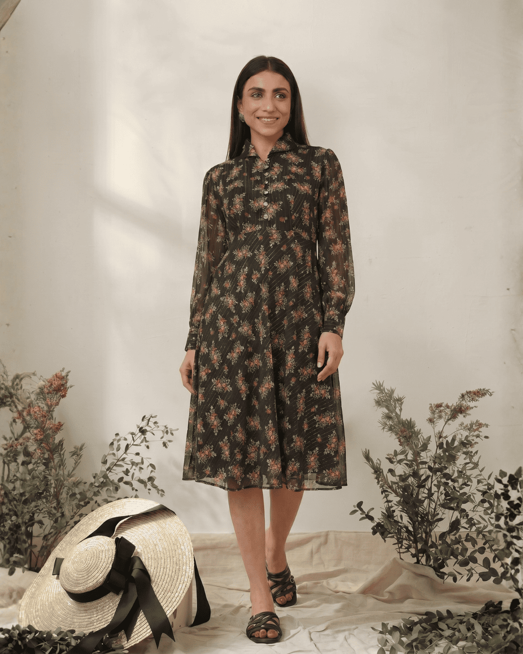 Printed Black Chiffon Casual Midi Dress: The Ultimate Wardrobe Essential